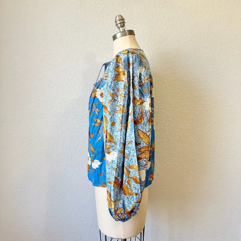 ULLA JOHNSON Joanie Blouse Lapis Blue Floral Puff Long Sleeve Boho